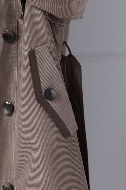 Corduroy Leather Stand-Up Collar Trench Coat