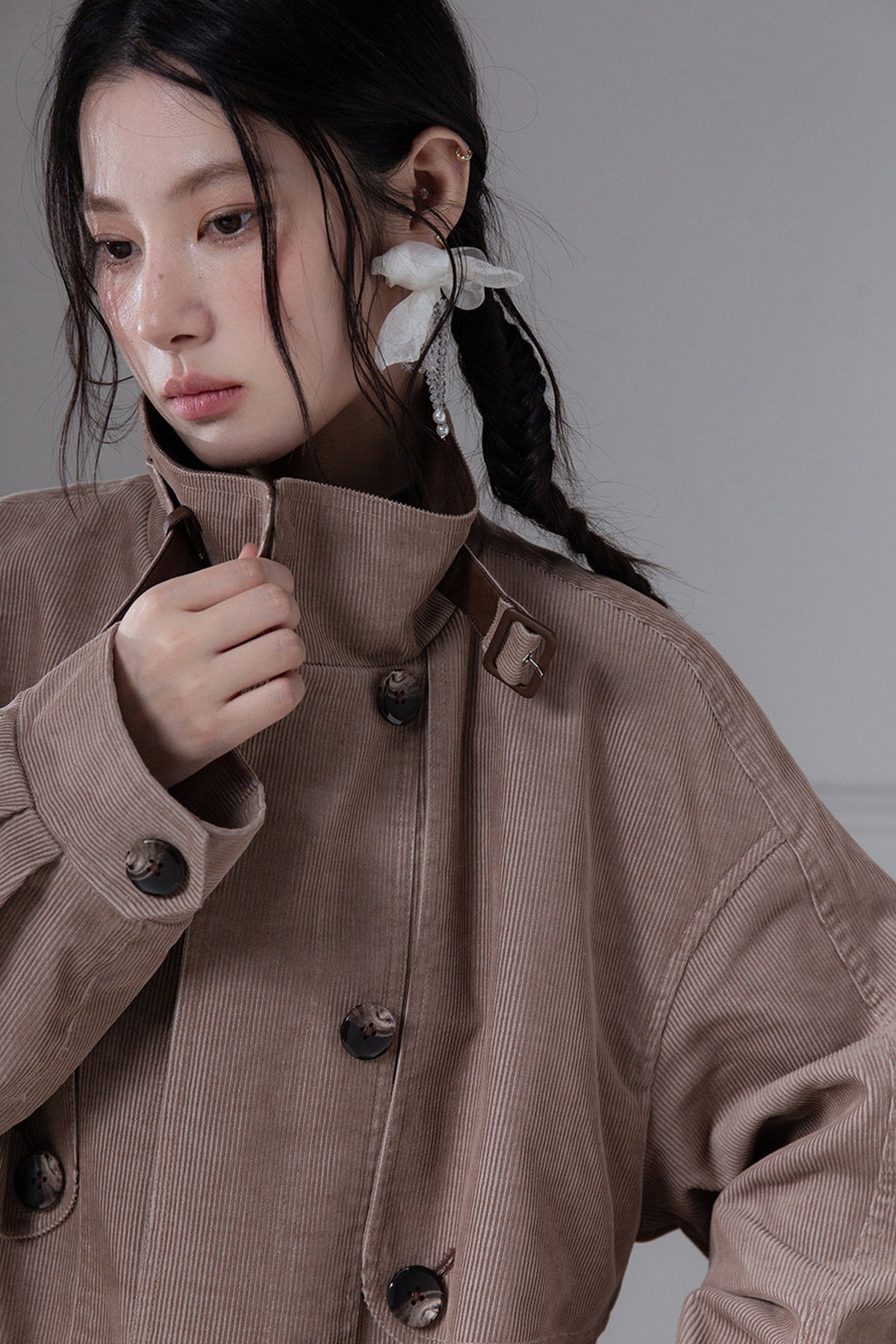 Corduroy Leather Stand-Up Collar Trench Coat