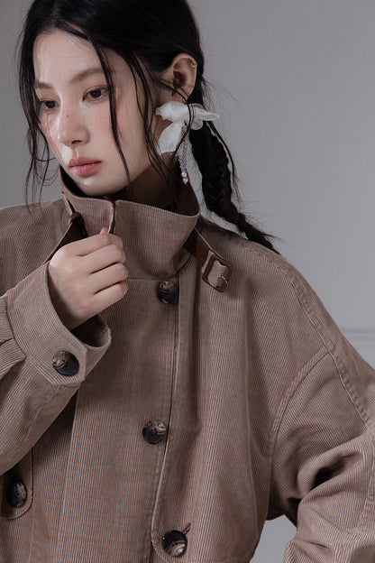 Corduroy Leather Stand-Up Collar Trench Coat