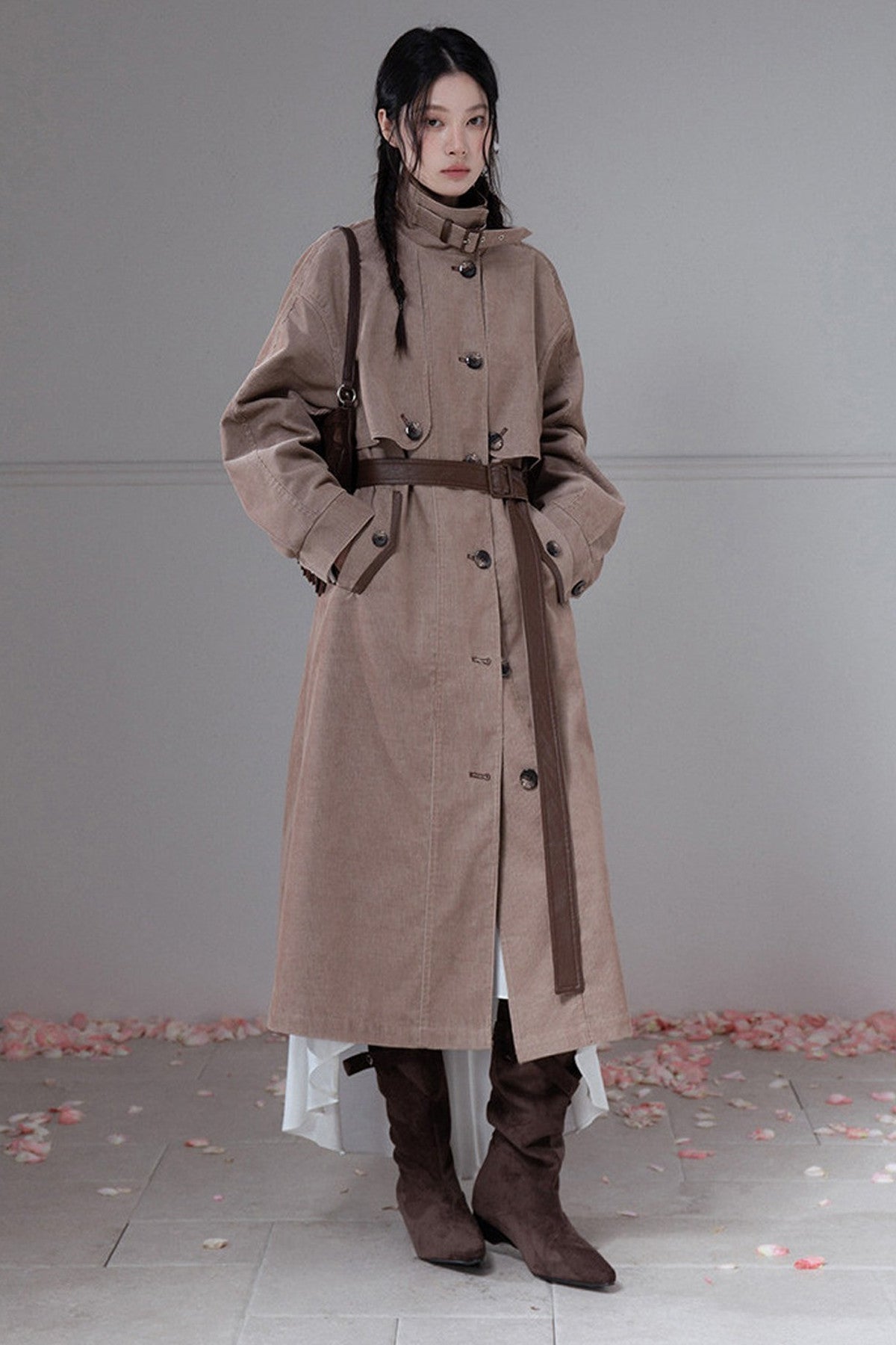 Corduroy Leather Stand-Up Collar Trench Coat