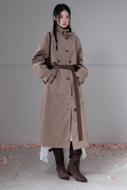 Corduroy Leather Stand-Up Collar Trench Coat