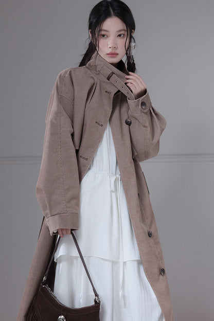 Corduroy Leather Stand-Up Collar Trench Coat