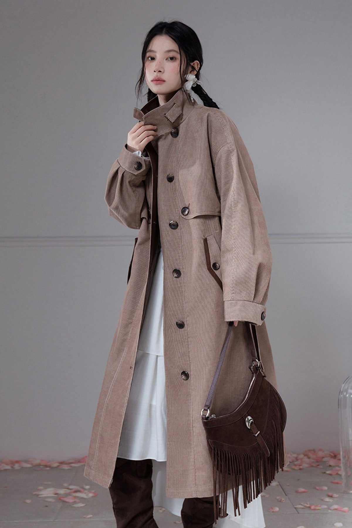 Corduroy Leather Stand-Up Collar Trench Coat