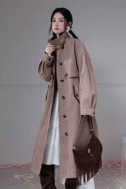 Corduroy Leather Stand-Up Collar Trench Coat