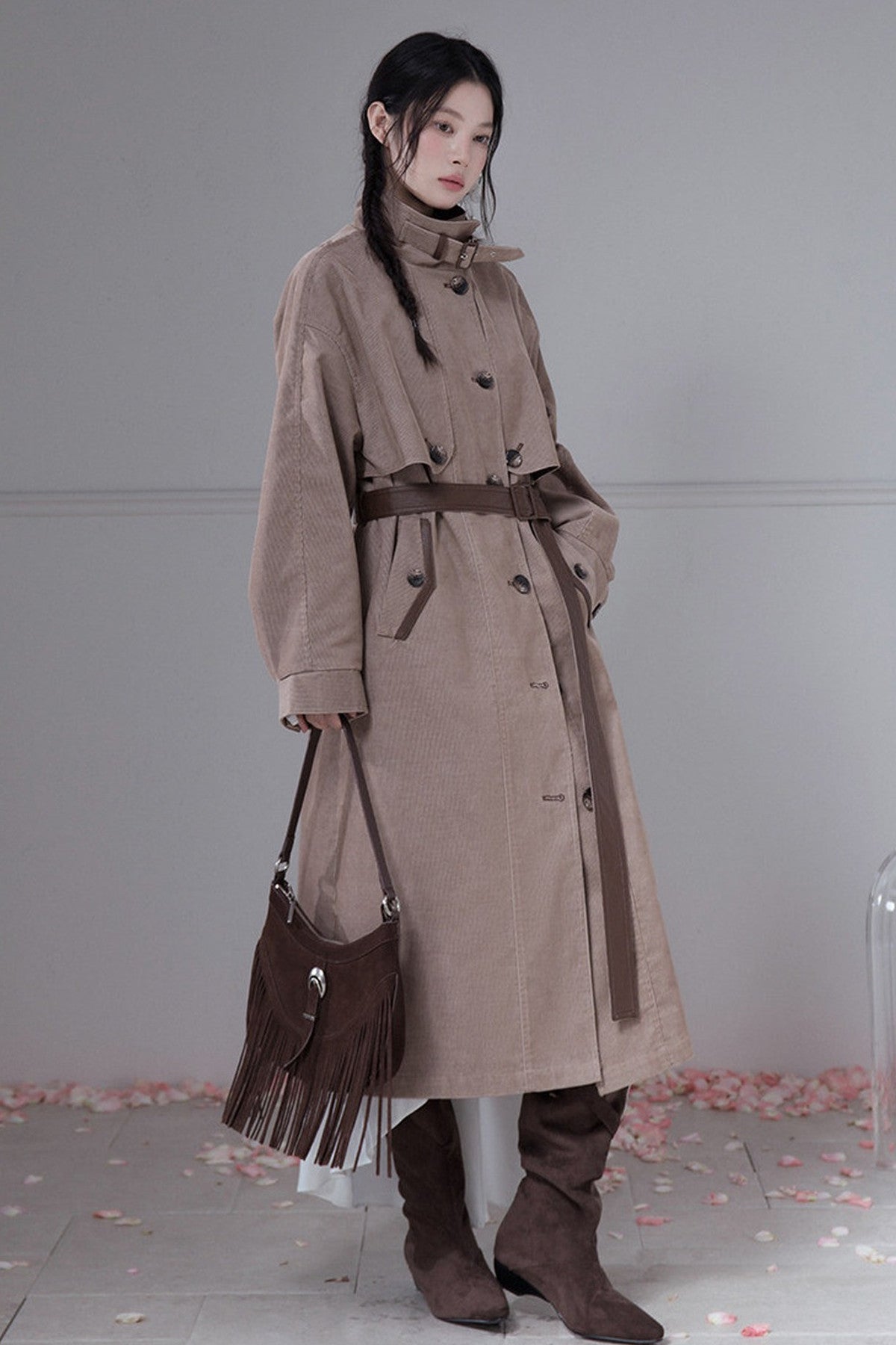 Corduroy Leather Stand-Up Collar Trench Coat