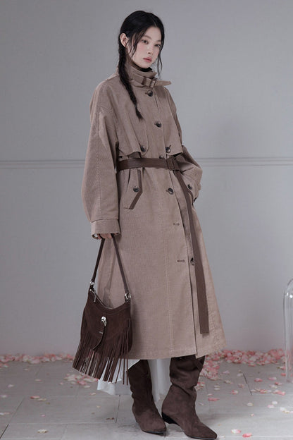 Corduroy Leather Stand-Up Collar Trench Coat