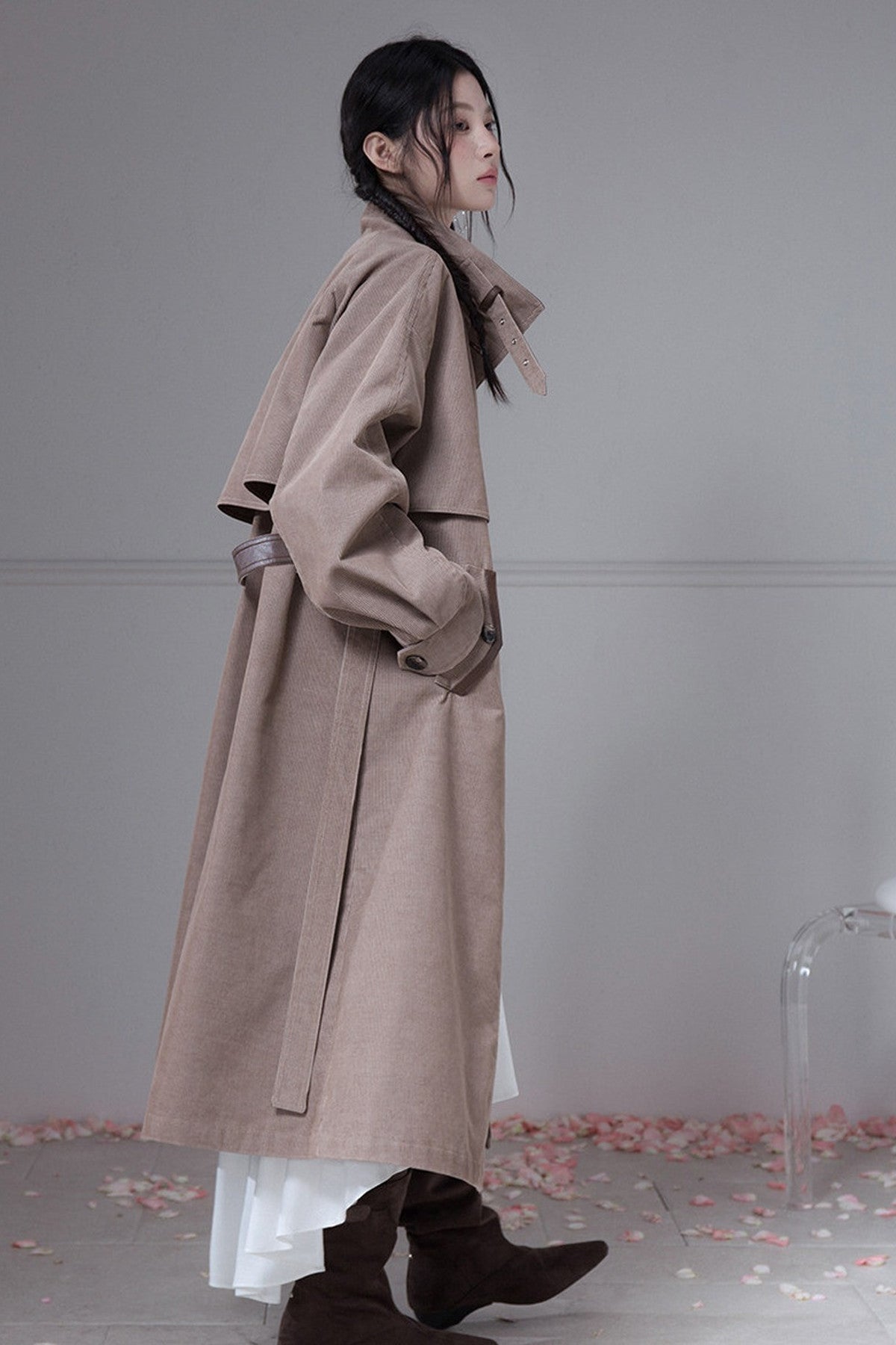 Corduroy Leather Stand-Up Collar Trench Coat