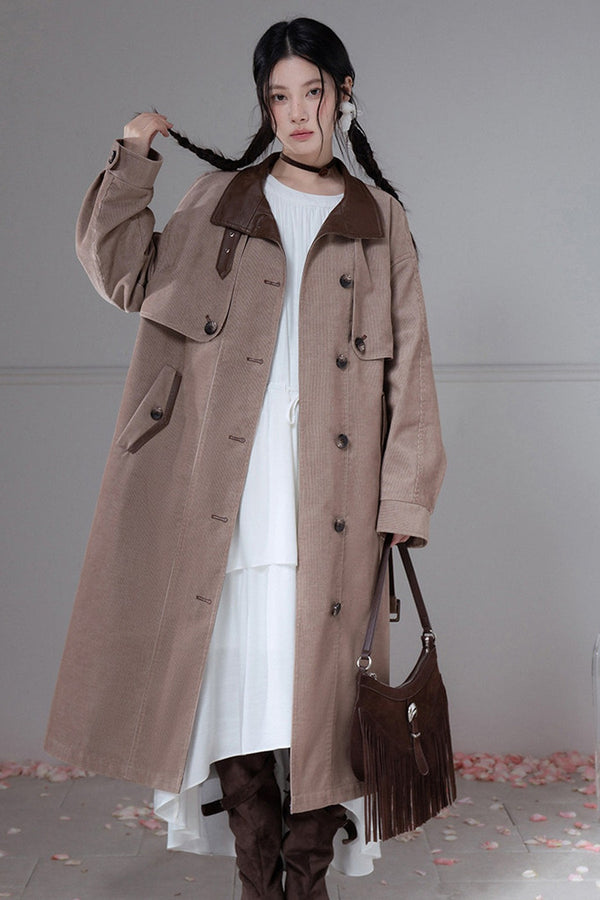 Corduroy Leather Stand-Up Collar Trench Coat