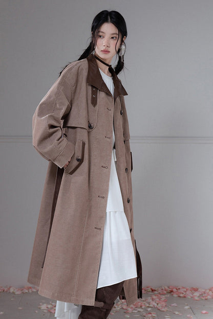 Corduroy Leather Stand-Up Collar Trench Coat