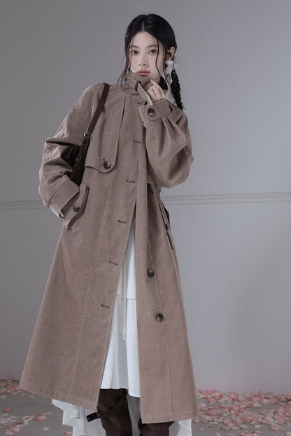 Corduroy Leather Stand-Up Collar Trench Coat