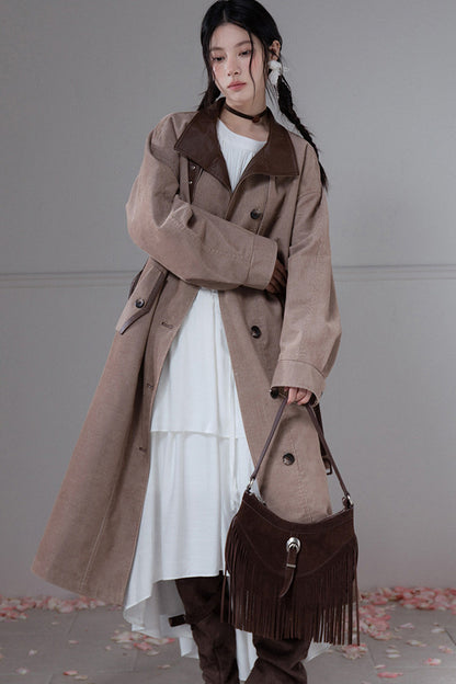 Corduroy Leather Stand-Up Collar Trench Coat