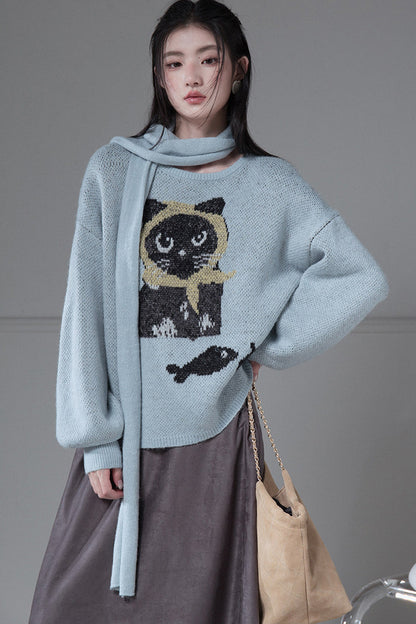 Black Cat Jacquard Wool Lantern Sleeve Sweater