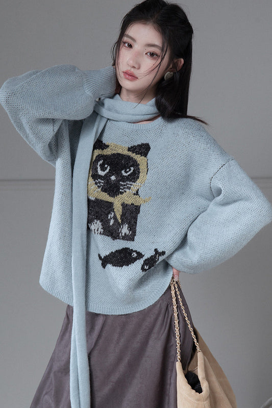 Black Cat Jacquard Wool Lantern Sleeve Sweater