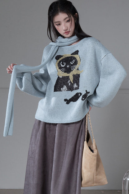 Black Cat Jacquard Wool Lantern Sleeve Sweater