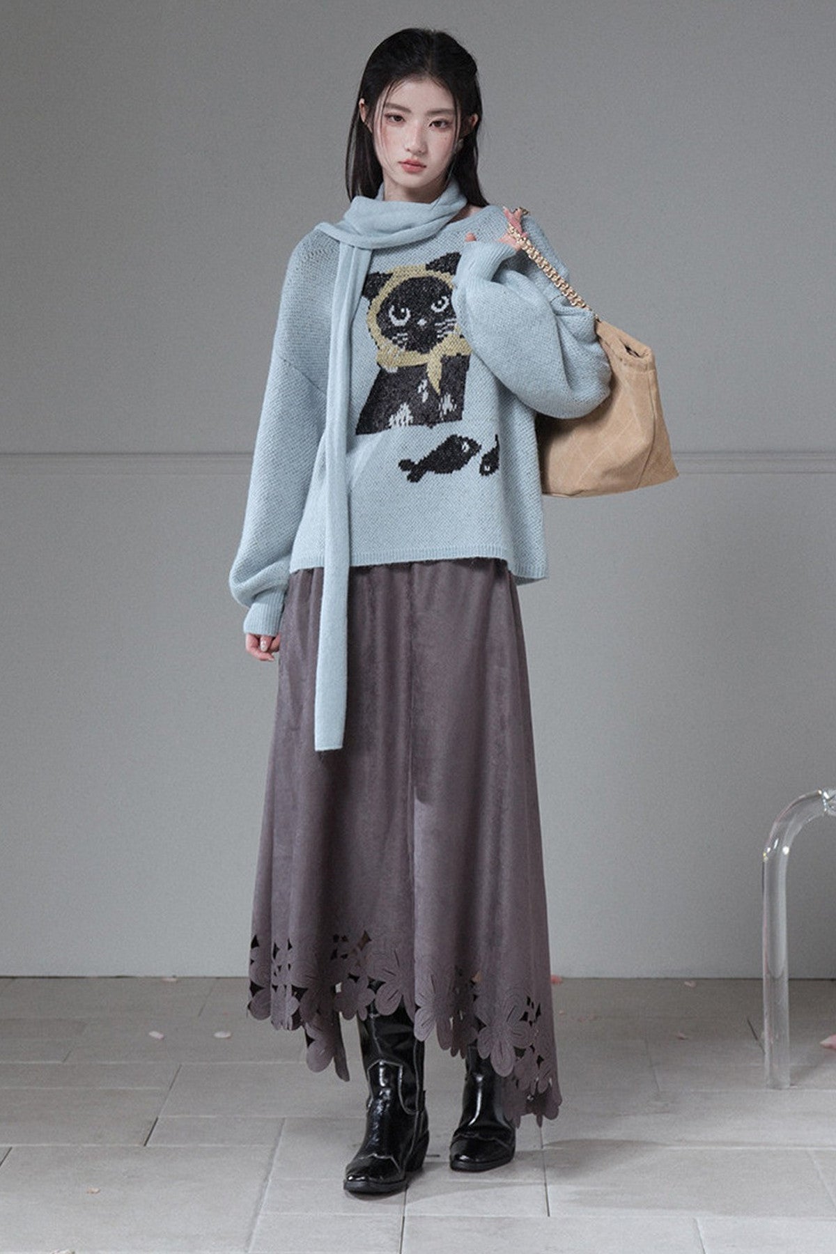 Black Cat Jacquard Wool Lantern Sleeve Sweater
