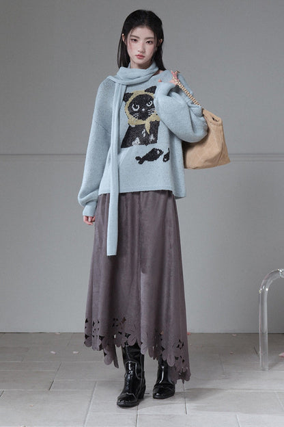 Black Cat Jacquard Wool Lantern Sleeve Sweater