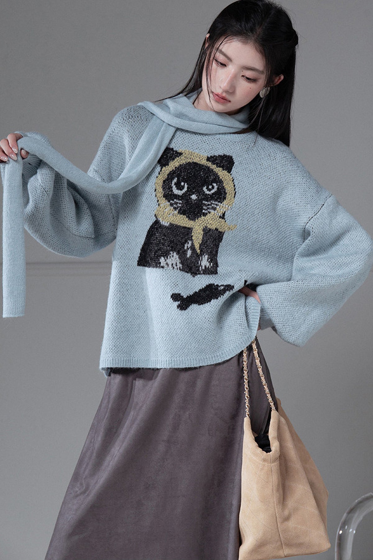 Black Cat Jacquard Wool Lantern Sleeve Sweater