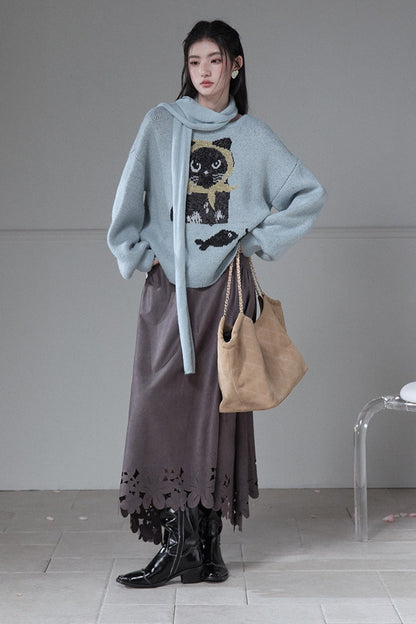 Black Cat Jacquard Wool Lantern Sleeve Sweater