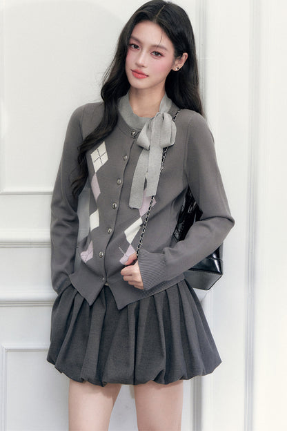 Gray Argyle Bow Tie Sweater and Skirt Set-Up