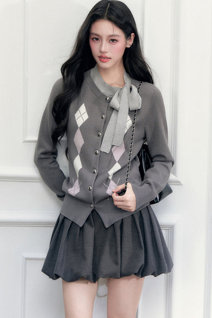 Gray Argyle Bow Tie Sweater and Skirt Set-Up