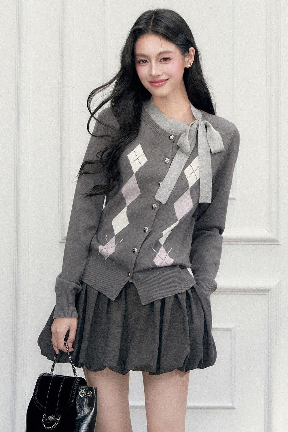 Gray Argyle Bow Tie Sweater and Skirt Set-Up