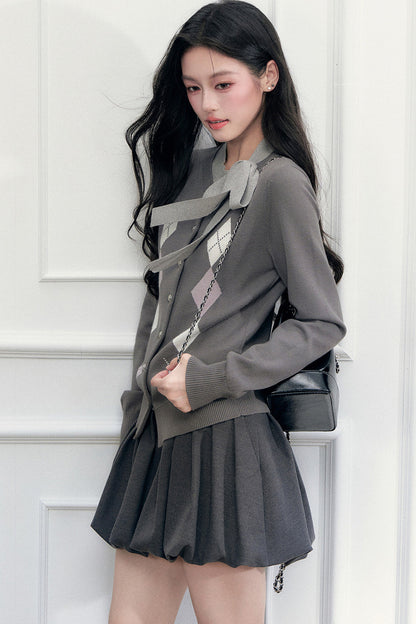 Gray Argyle Bow Tie Sweater and Skirt Set-Up