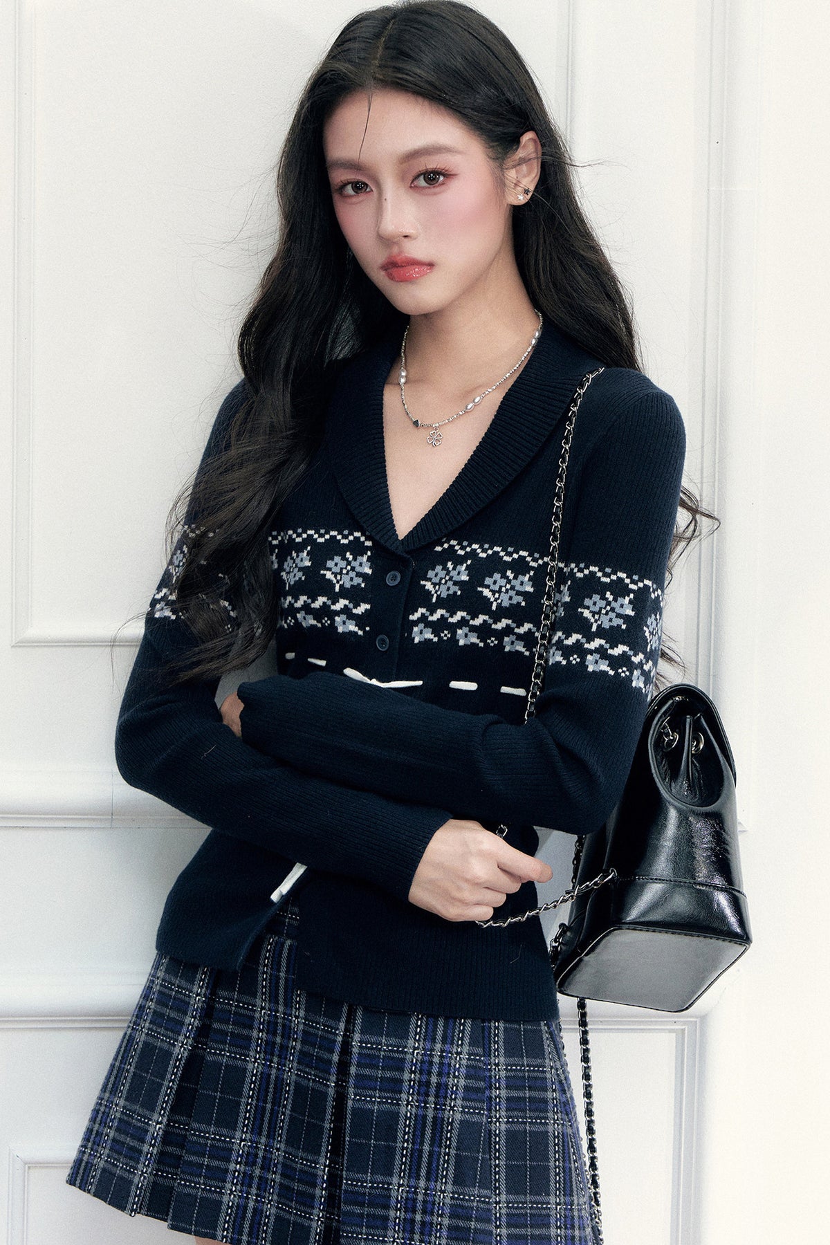 Navy Tie Closure Knit Top and Plaid Skirt Set-Up
