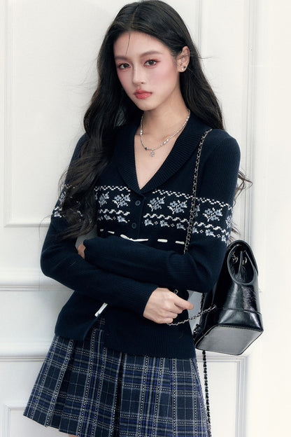 Navy Tie Closure Knit Top and Plaid Skirt Set-Up
