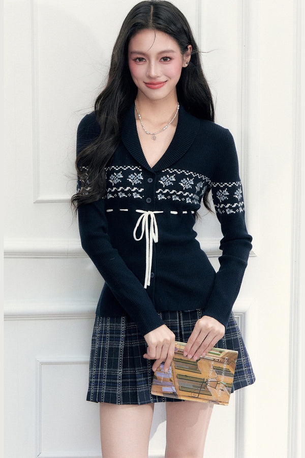 Navy Tie Closure Knit Top and Plaid Skirt Set-Up