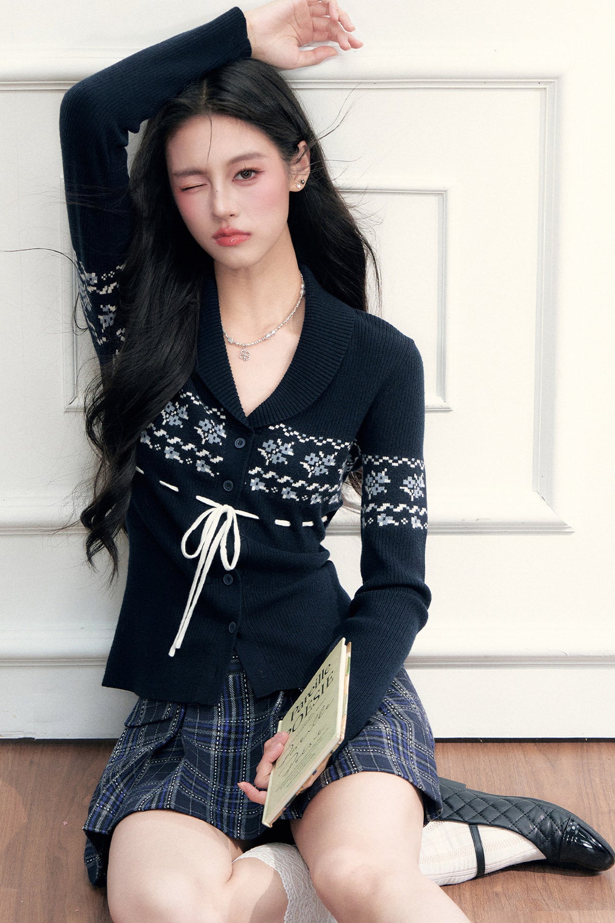 Navy Tie Closure Knit Top and Plaid Skirt Set-Up