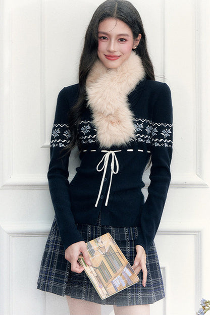 Navy Tie Closure Knit Top and Plaid Skirt Set-Up