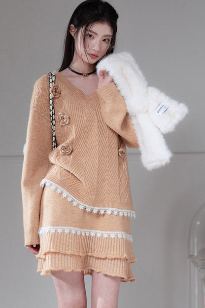 Diamond Weave Crochet Wool Sweater and Ruffled Skirt Set
