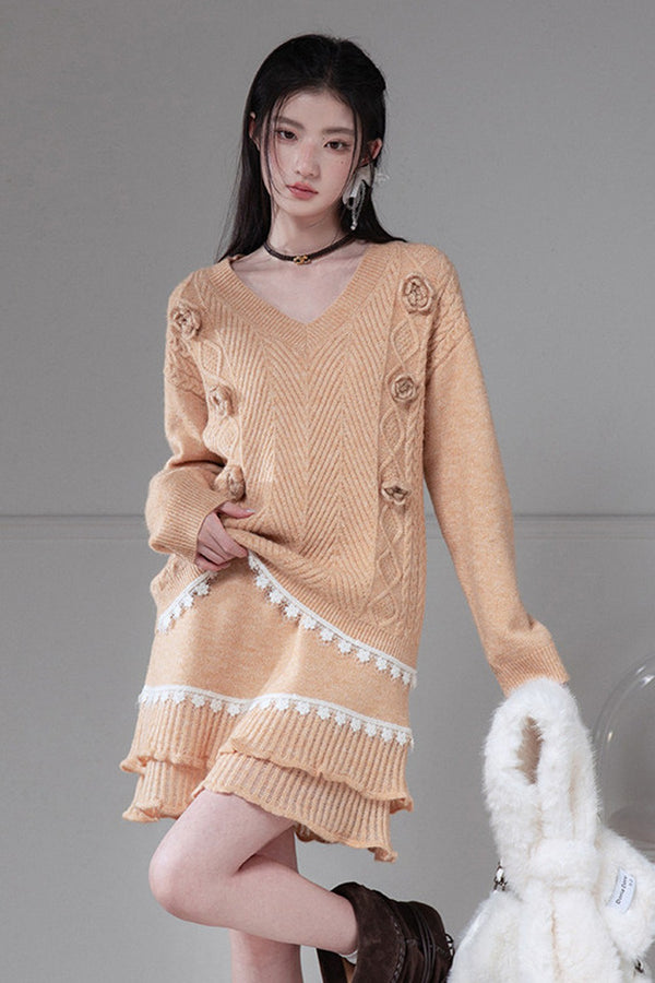 Diamond Weave Crochet Wool Sweater and Ruffled Skirt Set