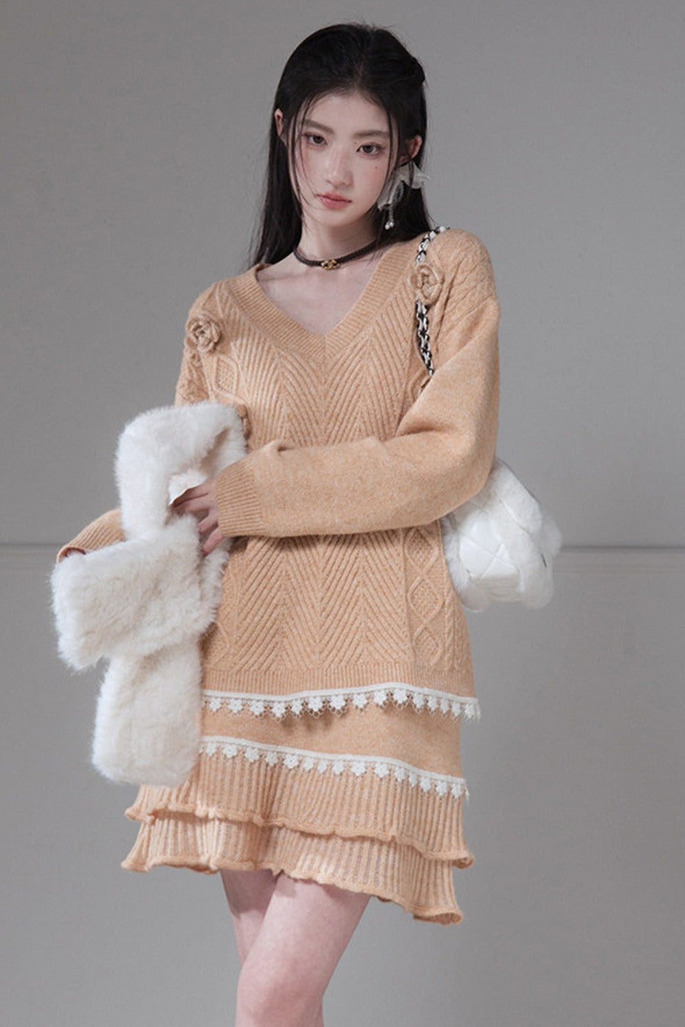 Diamond Weave Crochet Wool Sweater and Ruffled Skirt Set