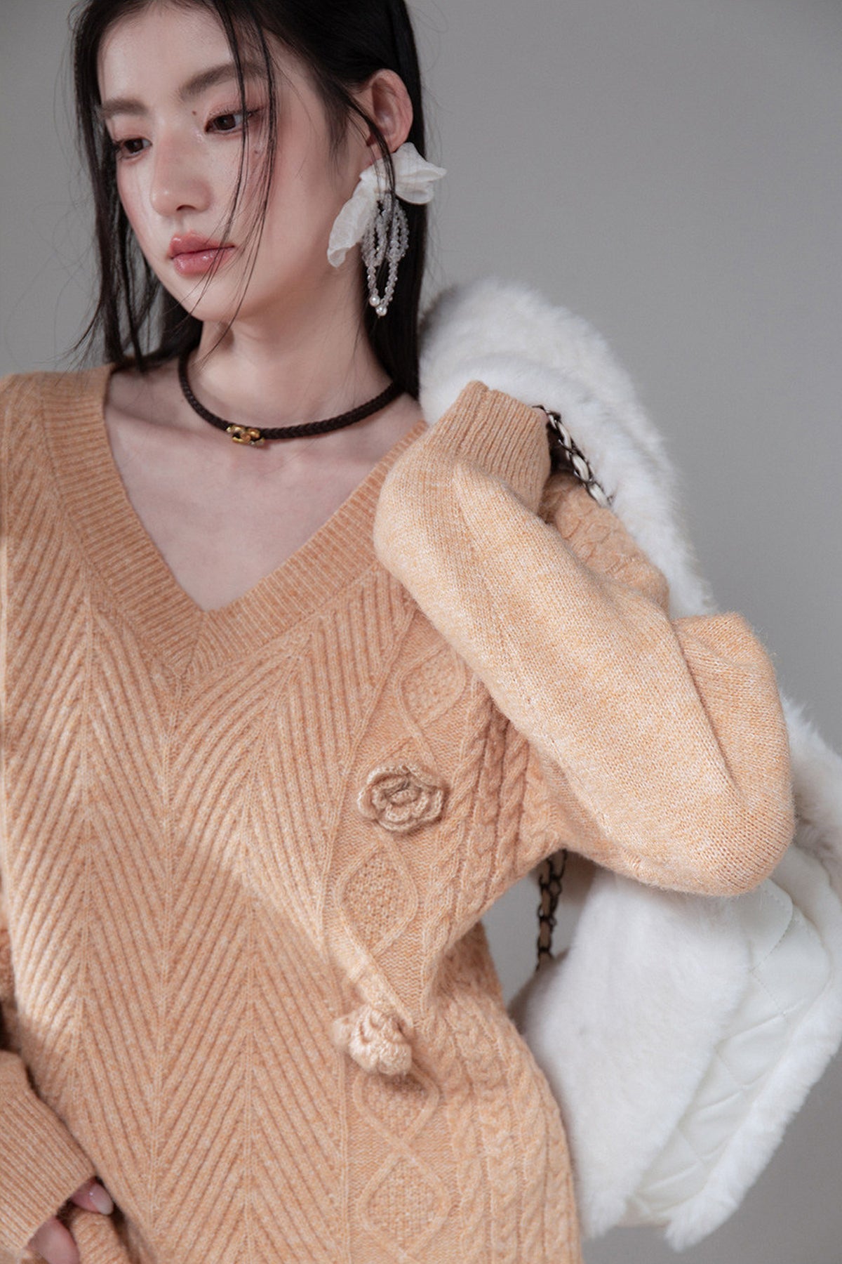 Diamond Weave Crochet Wool Sweater and Ruffled Skirt Set