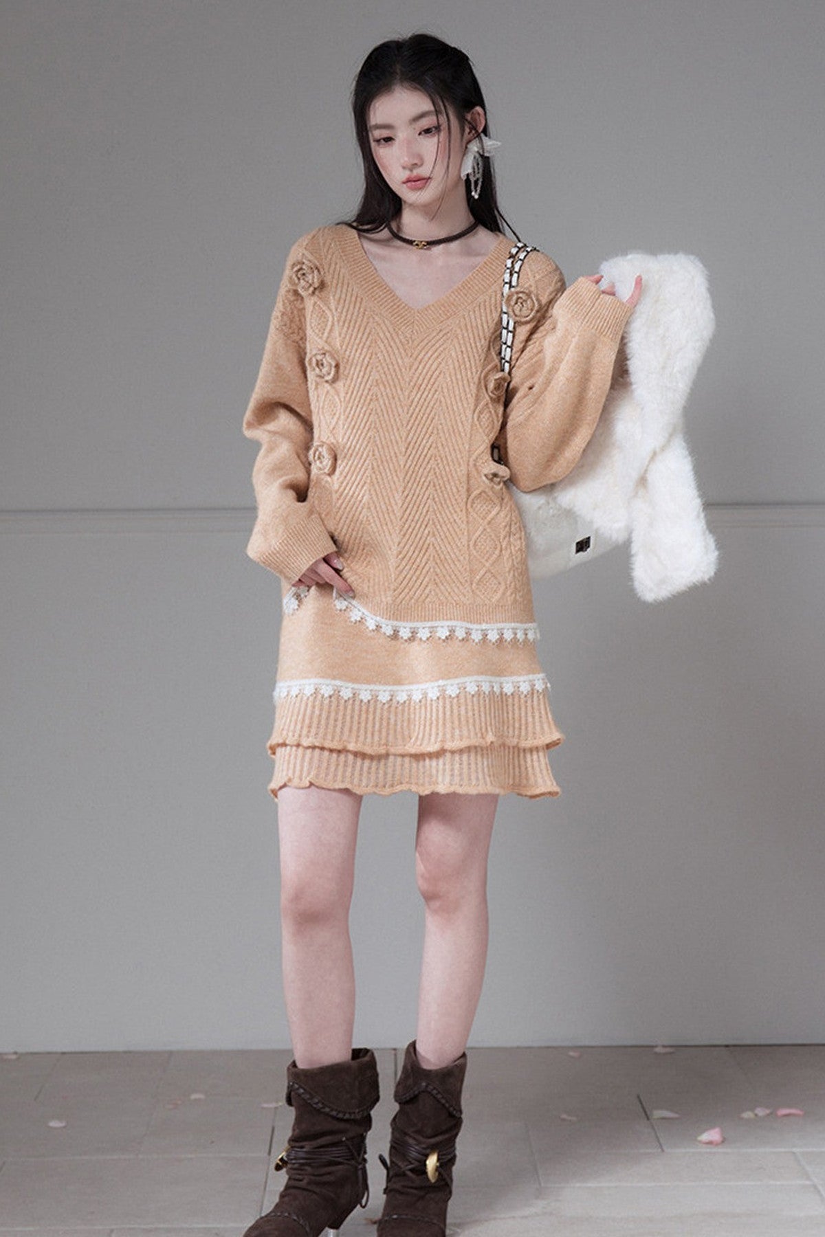 Diamond Weave Crochet Wool Sweater and Ruffled Skirt Set