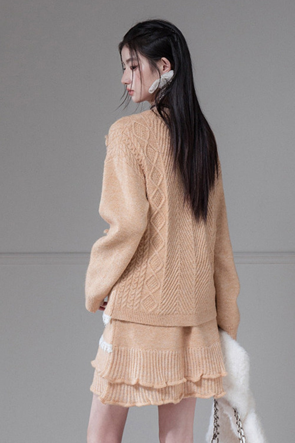 Diamond Weave Crochet Wool Sweater and Ruffled Skirt Set
