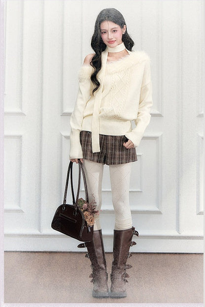Ribbon Tie Off-Shoulder Cable Knit Sweater