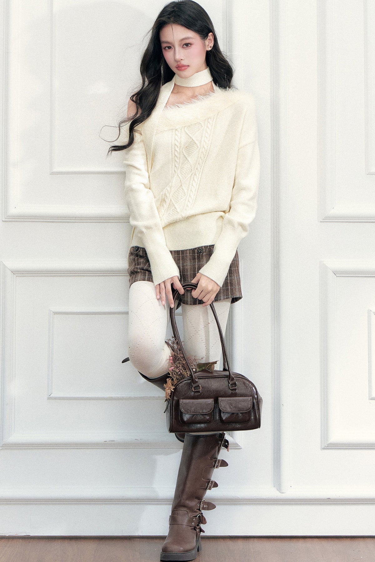 Ribbon Tie Off-Shoulder Cable Knit Sweater