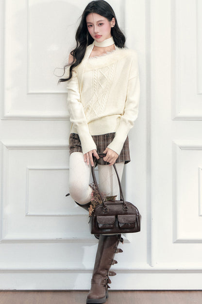 Ribbon Tie Off-Shoulder Cable Knit Sweater