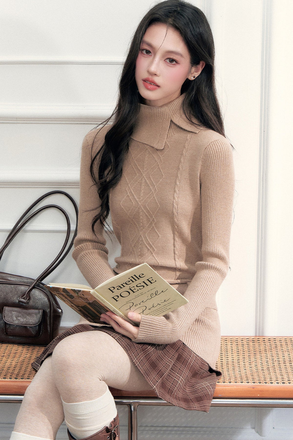 Retro High-Neck Belted Cable Knit Sweater
