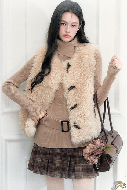 Retro High-Neck Belted Cable Knit Sweater