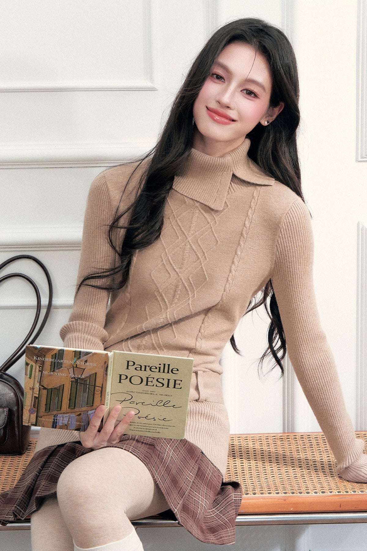 Retro High-Neck Belted Cable Knit Sweater