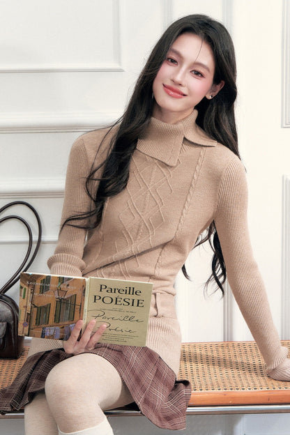 Retro High-Neck Belted Cable Knit Sweater