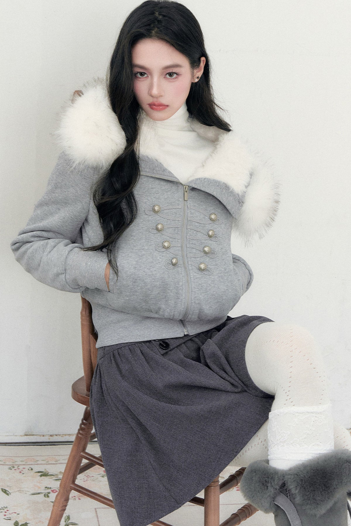 Large Fur Collar Hooded Fleece Jacket
