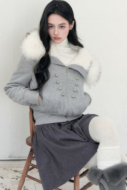 Large Fur Collar Hooded Fleece Jacket
