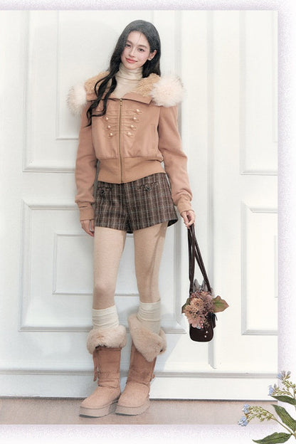Large Fur Collar Hooded Fleece Jacket