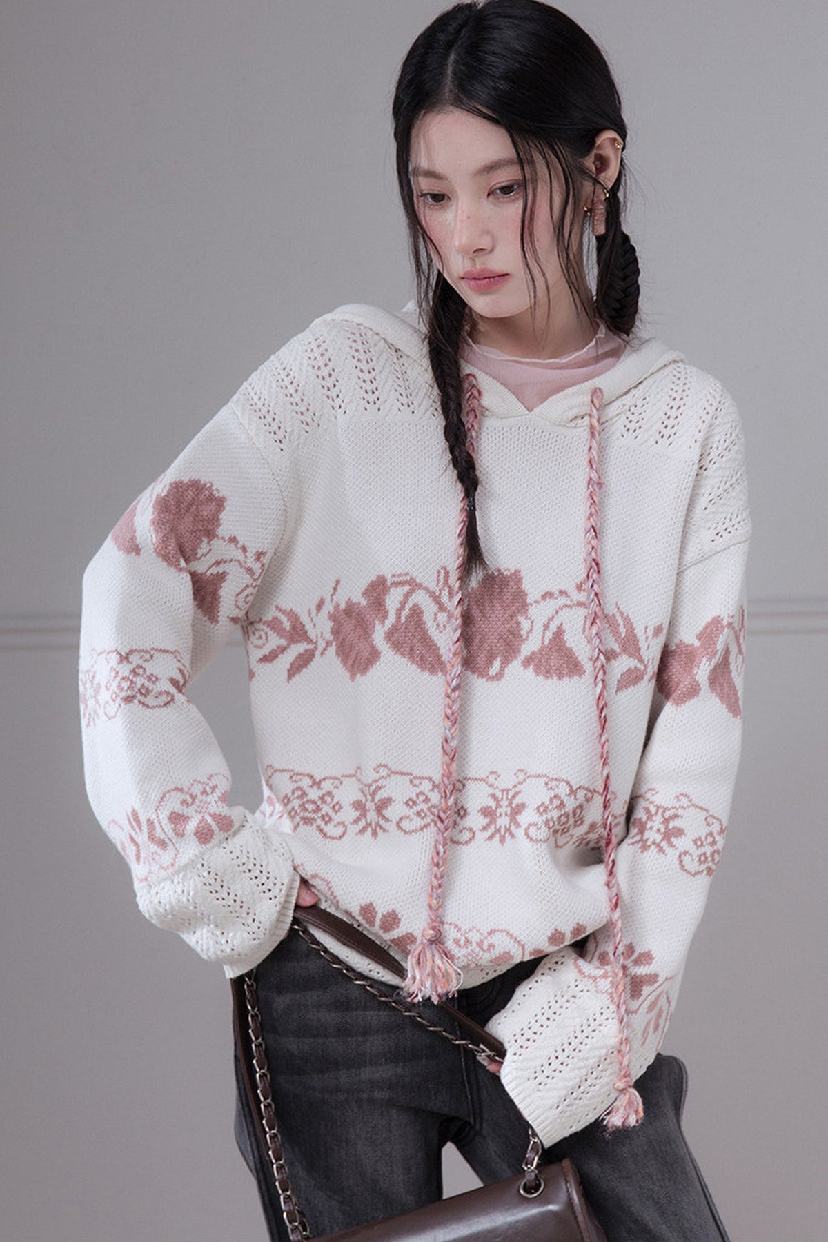 Pink Fair Isle Hollow-Out Hooded Pullover Sweater