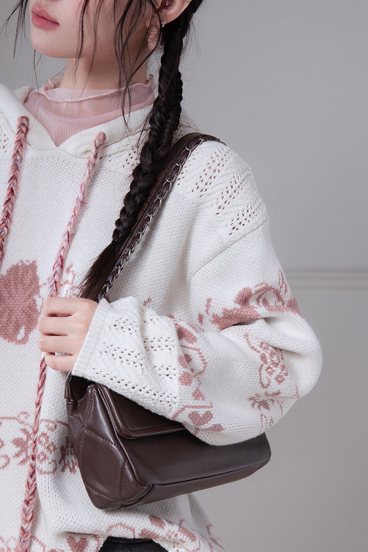 Pink Fair Isle Hollow-Out Hooded Pullover Sweater