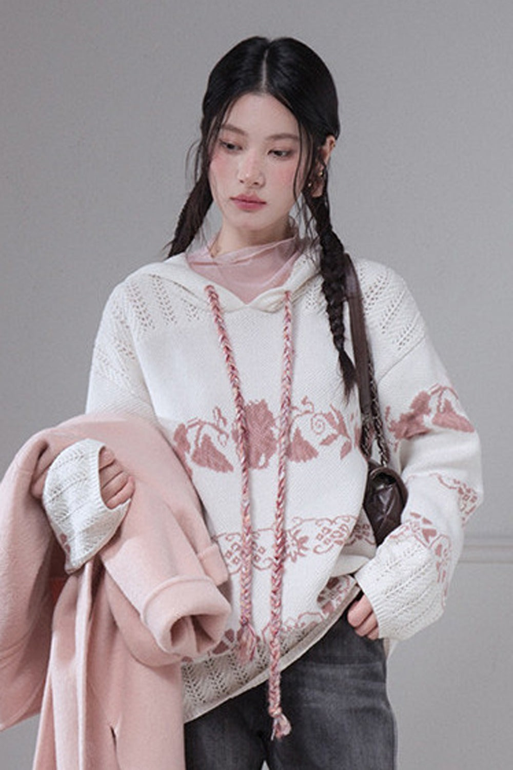 Pink Fair Isle Hollow-Out Hooded Pullover Sweater